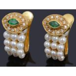 A pair of attractive emerald and cultured pearl earrings