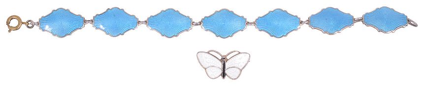 A Norwegian silver and enamel butterfly brooch and an enamel bracelet