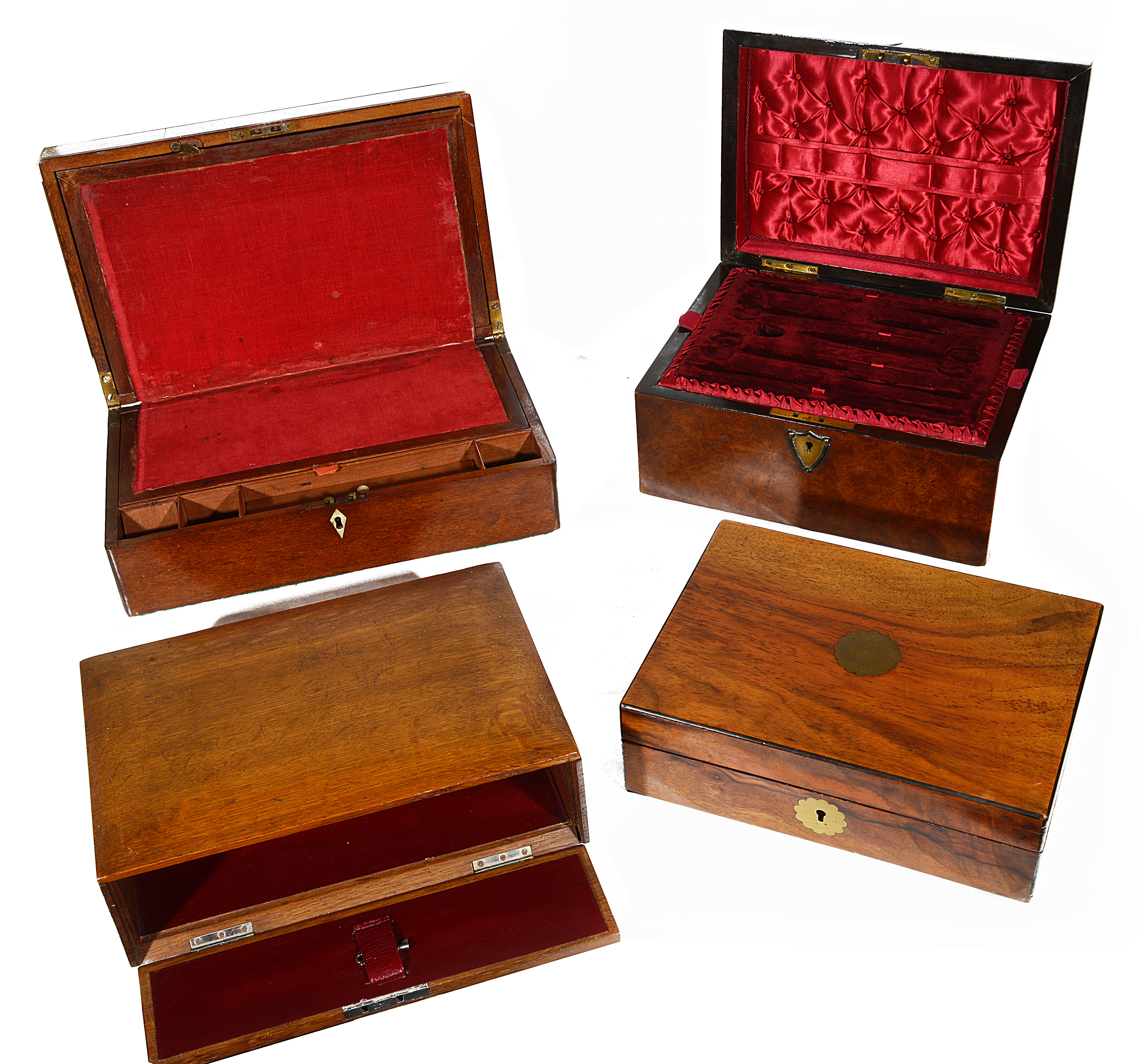 A Victorian burr walnut sewing box, a 19th c. mahogany writing slope and two other boxes - Image 2 of 2