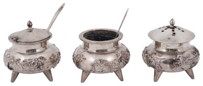 An early 20th century Chinese export silver three piece cruet set