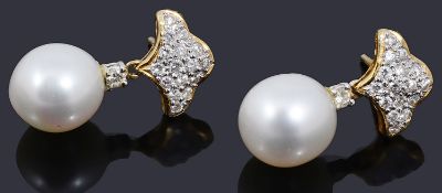 A pair of 18ct gold diamond and pearl drop earrings