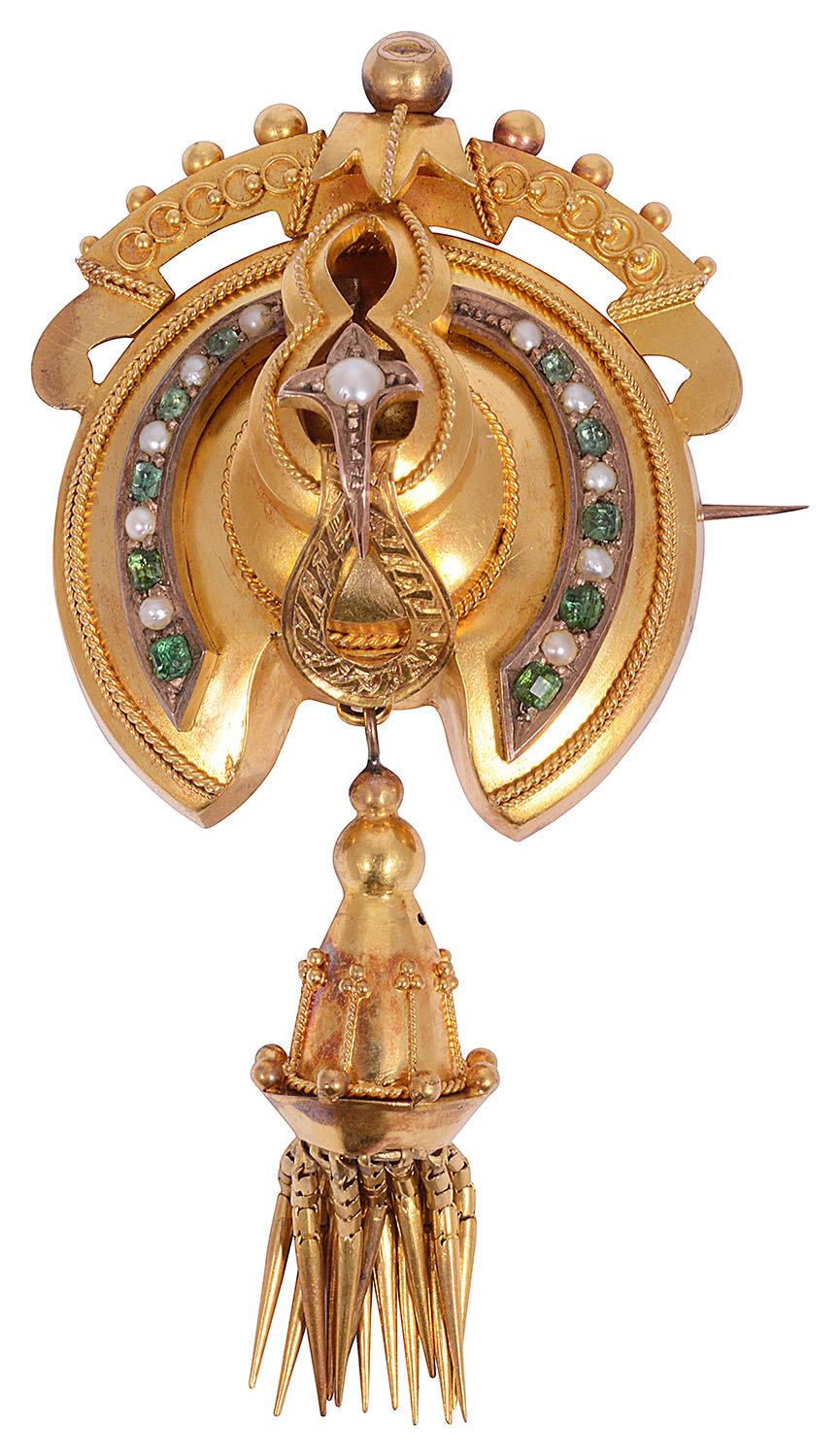 A Victorian gold green stone and seed pearl shield brooch, c.1860