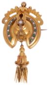 A Victorian gold green stone and seed pearl shield brooch, c.1860