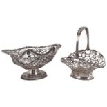 An Edwardian silver pedestal bon bon dish and an Edwardian silver bonbon basket