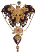 An unusual and delicate 19th c. tortoiseshell and coloured paste set butterfly brooch