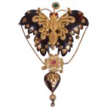 An unusual and delicate 19th c. tortoiseshell and coloured paste set butterfly brooch