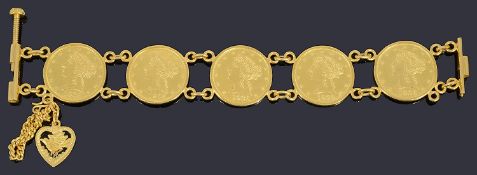 A high carat gold five coin bracelet