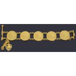 A high carat gold five coin bracelet