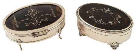 Two George V silver mounted tortoiseshell and pique work jewellery boxes