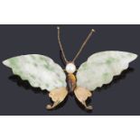 A Oriental jade, tigers eye, cultured pearl butterfly brooch