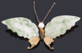 A Oriental jade, tigers eye, cultured pearl butterfly brooch