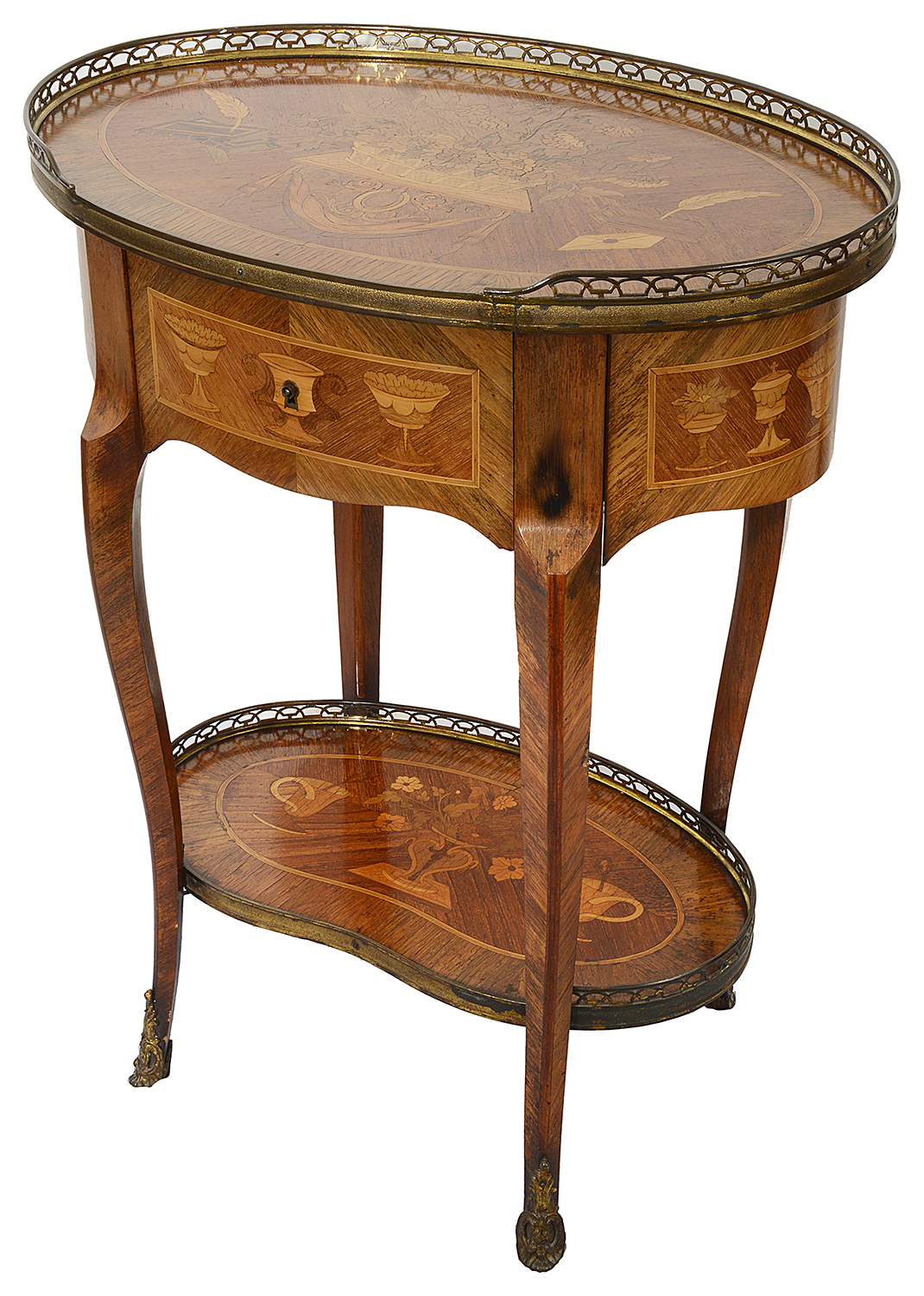 A late 19th century French Louis XVI style kingwood and marquetry oval occasional table