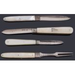 A George III silver and mother of pearl campaign folding knife and fork set, others