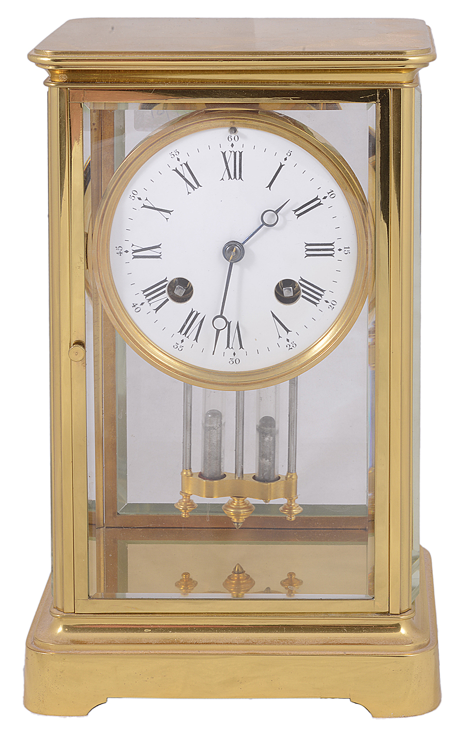 A late 19th century French gilt brass four glass mantel clock