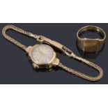 A ladies gold Record mechanical strap watch and a 9ct gold signet ring