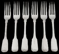 A set of six George IV silver fiddle pattern dinner forks