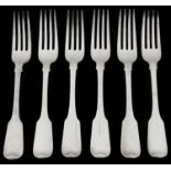 A set of six George IV silver fiddle pattern dinner forks