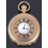 A 9ct gold keyless top wound half hunter pocket watch