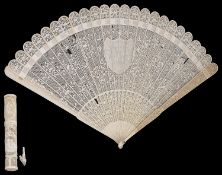 An early 19th c Chinese export Canton carved ivory brise fan; 19th c French carved ivory bodkin case