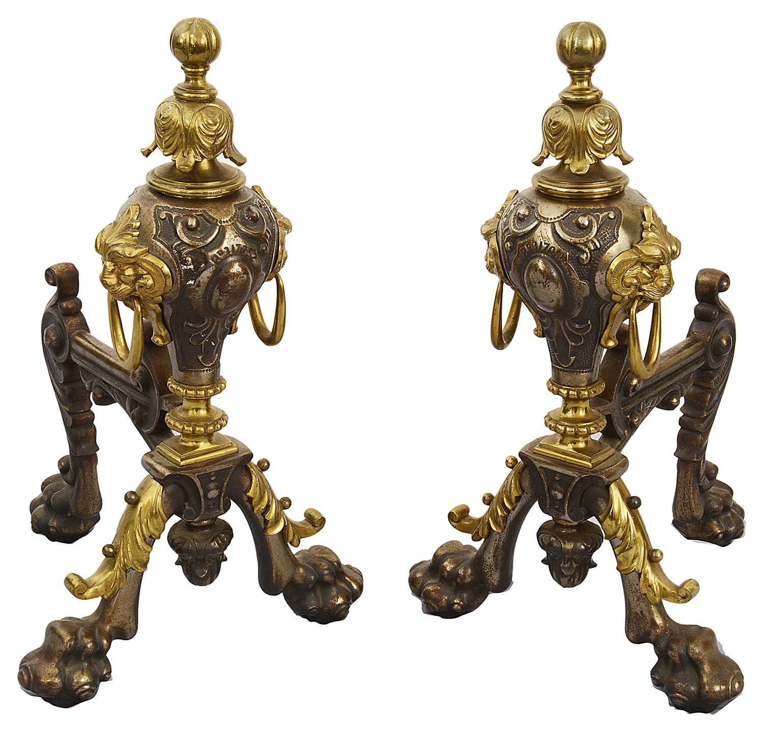 A pair of large late Victorian polished steel and brass andirons