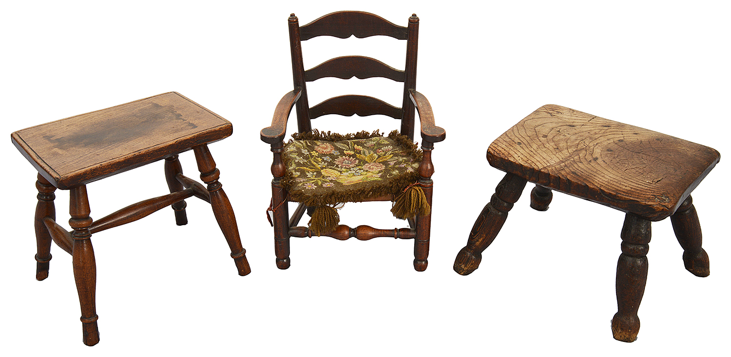 19th c miniature stained beechwood rush seated Lancashire ladder back armchair, others