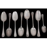 Eight assorted George II/III Hanoverian pattern spoons