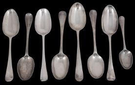 Eight assorted George II/III Hanoverian pattern spoons