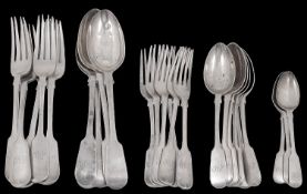 A Victorian part canteen of silver fiddle pattern flatware