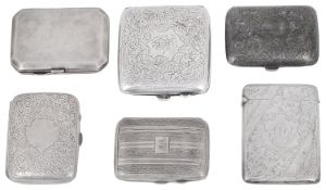 An Edwardian silver card case and five silver cigarette cases