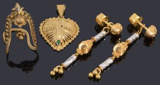 A pair of Indian two colour gold drop earrings and a pendant