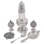 A mixed lot of silver to include a George V octagonal sugar caster