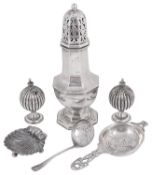 A mixed lot of silver to include a George V octagonal sugar caster