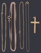 A gold cross pendant and four assorted chains