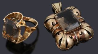 A Continental gold single stone smoky quartz ring and similar pendant circa 1970s