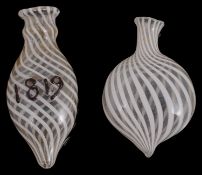 Two late Georgian Nailsea white and clear spiralling glass scent bottles