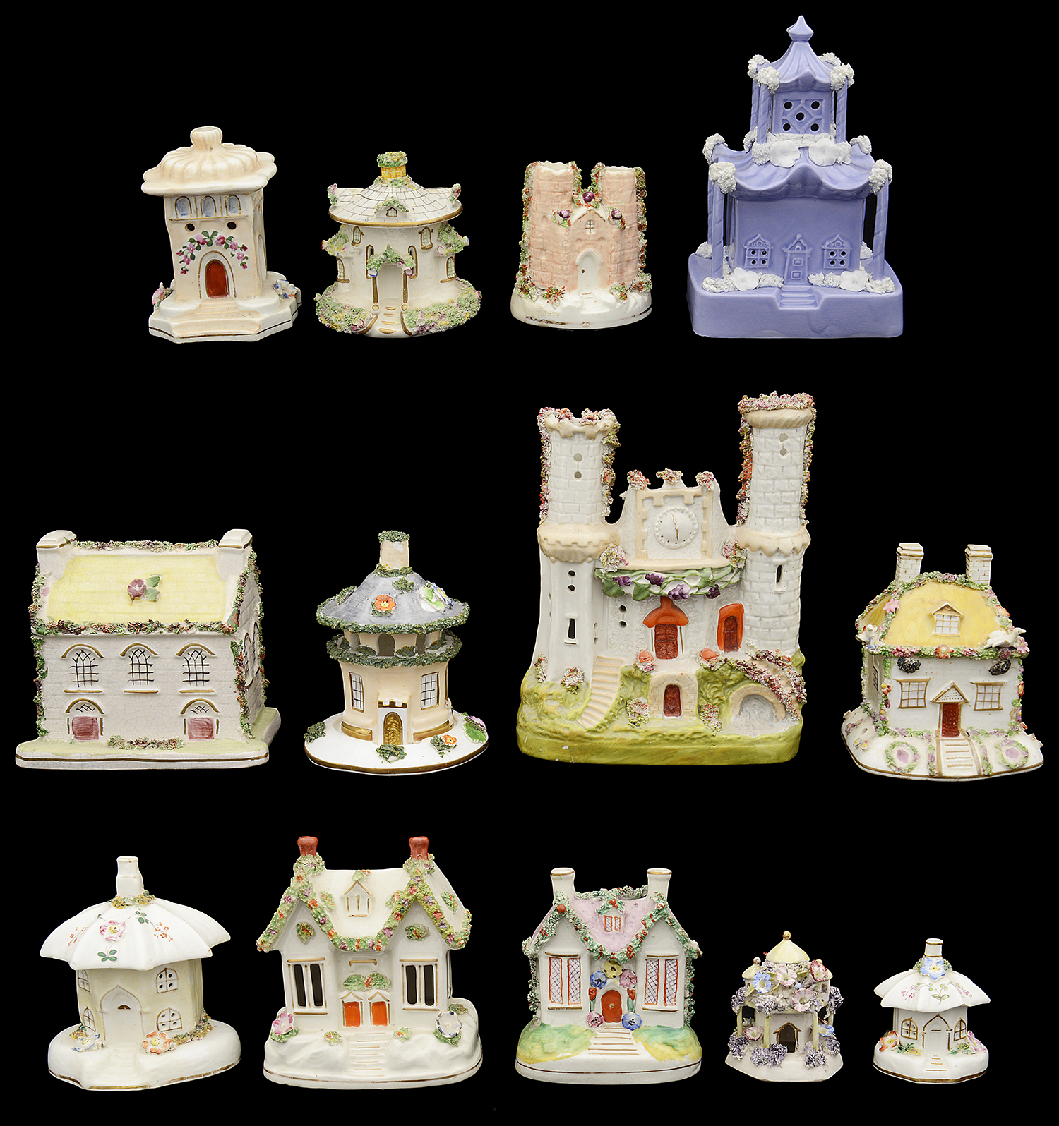 Early to mid 19th c English porcelain and Staffordshire pottery pastille burners