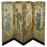 A Victorian four fold draught screen decorated with Japanese figures painted on linen and decoupage