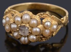 A Victorian gold quartz and seed pearl cluster ring