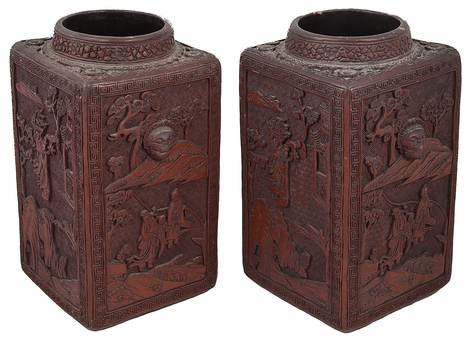 A pair of late 19th Chinese cinnabar lacquer square section vases