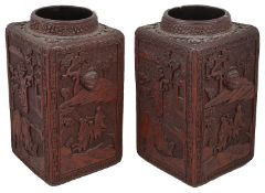 A pair of late 19th Chinese cinnabar lacquer square section vases