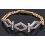 An unusual ruby, diamond and split pearl centrepiece bracelet possibly American