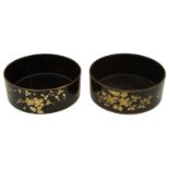 Pair of Regency black japanned and gilt chinoiserie decorated papier mache bottle coasters c.1820