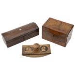 An early 19th c burr walnut tea caddy, a rosewood domed glove box and a Sorrento ware ink blotter