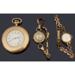 Two ladies 9ct gold bracelet watches and a gold plated Elgin fob watch