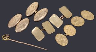 Three pairs of 9ct gold cufflinks and a stick pin