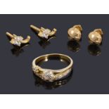 A delicate Indian gold white stone ring and two pairs of earrings