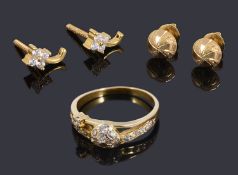 A delicate Indian gold white stone ring and two pairs of earrings