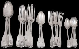 A matched William IV/early Victorian silver fiddle pattern part canteen of flatware