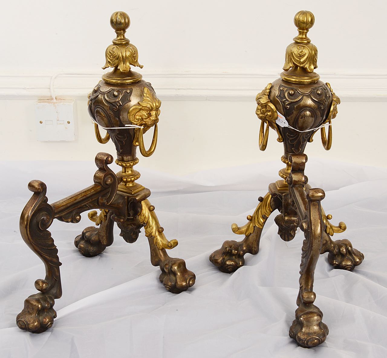 A pair of large late Victorian polished steel and brass andirons - Image 2 of 2