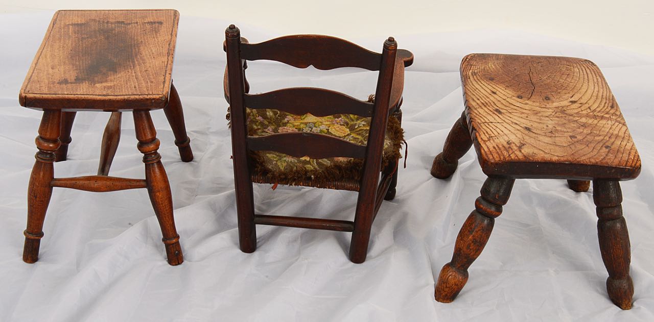 19th c miniature stained beechwood rush seated Lancashire ladder back armchair, others - Image 2 of 2